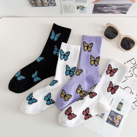 Chaussettes à motif papillon violet pour femmes, Style coréen Ins, en coton, Streetwear, Harajuku, Hip-Hop, 2022 ► Photo 1/6