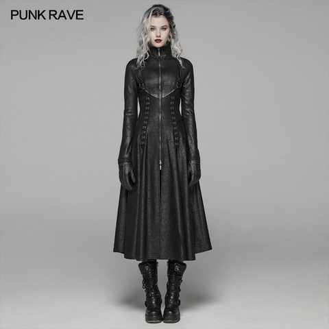 PUNK RAVE femmes foncé Punk avant fermeture éclair col montant Maxi pardessus Goth scène Performance Cosplay femmes Trench longs manteaux ► Photo 1/6