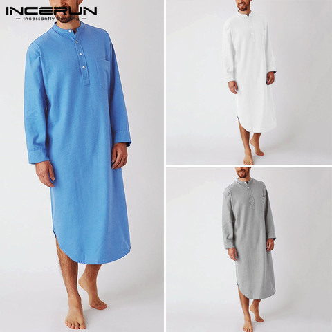 2022 hommes sommeil Robes couleur unie coton à manches longues confort O cou loisirs chemise de nuit hommes peignoirs Homewear grande taille INCERUN ► Photo 1/6