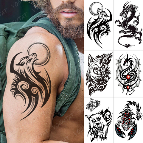 Autocollant de tatouage temporaire imperméable Dragon Scorpion loup Flash tatouages ailes croix corps Art bras hibou Maori Totem faux Tatoo hommes ► Photo 1/6