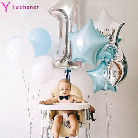 1st joyeux anniversaire argent bleu feuille numéro Ballons premier bébé garçon fille fête décorations mes 1 un an Ballons fournitures Globos ► Photo 1/6