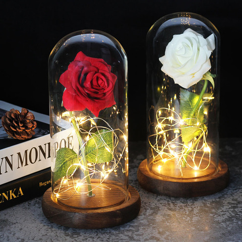 CHAUDE Beauté Et La Bête Or-plaqué Rouge Rose Avec LED Lumière En Verre Dôme Pour la Fête De Mariage Mère jour de Cadeau ► Photo 1/6