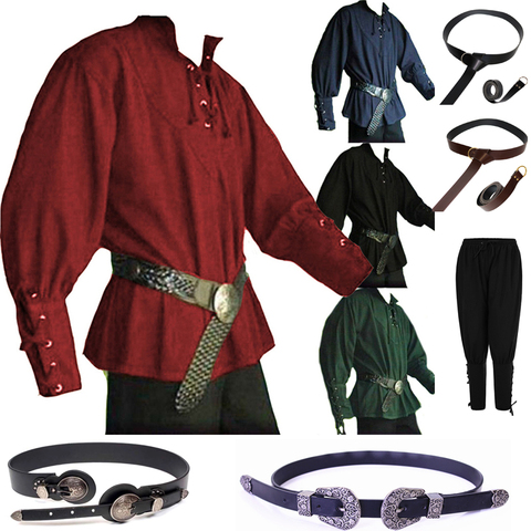 Hommes médiéval Renaissance Grooms Pirate reconstitution gn Costume laçage chemise haut de pansement moyen âge vêtements adulte pantalon ceinture ► Photo 1/6