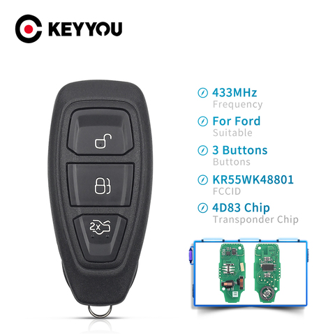 KEYYOU-clé télécommande à 3 boutons, 434/433MHz, transpondeur KR55WK48801, pour voiture Ford Focus c-max, Mondeo, Kuga Fiesta b-max ► Photo 1/6