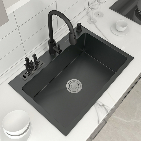 Évier de cuisine en acier inoxydable 304 avec porte-couteau, bol simple multifonctionnel lavabo gris foncé pour montage de cuisine ► Photo 1/6