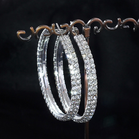 Boucles d'oreilles en forme de grand cercle pour femmes, scintillantes, doubles rangées, diamants, couleur argent, bijoux de mariée, 4cm 5cm 6cm ► Photo 1/6
