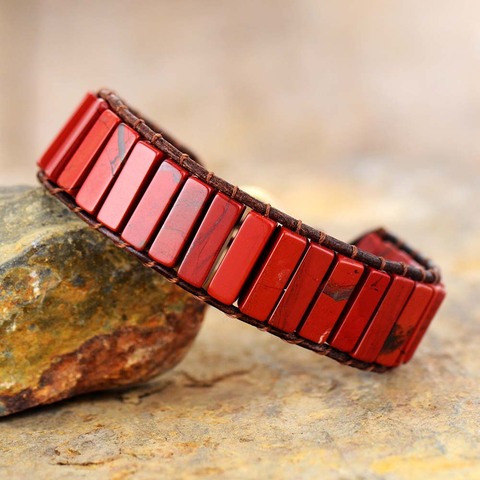 Bracelet enroulé en cuir jaspe rouge, bijoux en pierre naturelle, manchette Unique bohème, cadeaux d'anniversaire ► Photo 1/5