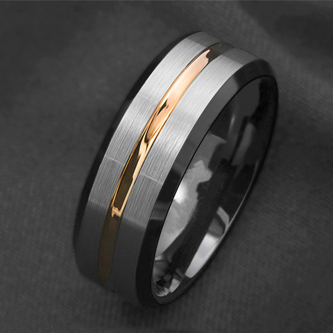 Anneau noir brossé pour hommes, 8mm, en acier inoxydable, bague de mariage Simple à rayures à la mode ► Photo 1/3