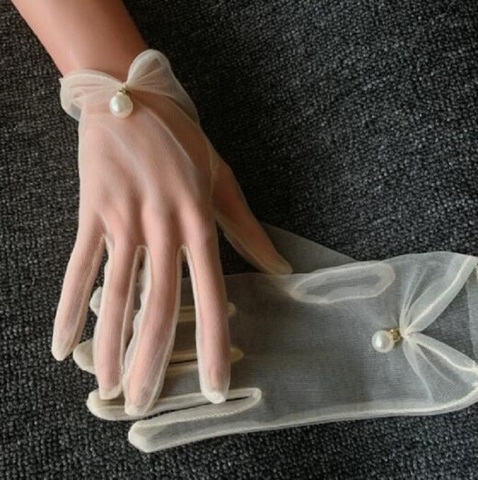 Femmes Sexy Transparent élégant perle perlé blanc maille gants femme crème solaire Vintage court dentelle conduite gants ► Photo 1/6