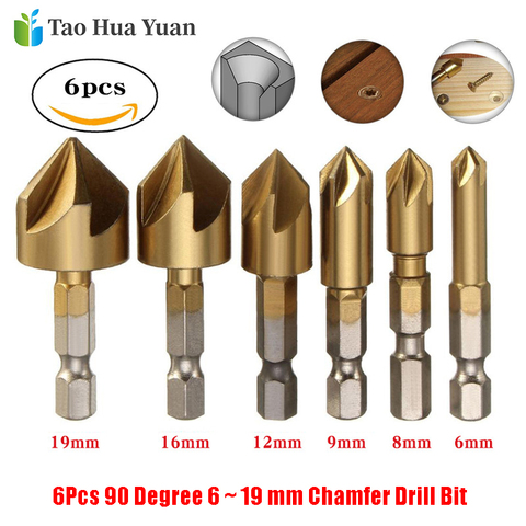 Foret à chanfreiner coupe-chanfrein 6 pièces à 90 degrés, 5 flûtes à revêtement en titane, 6-19mm, ensembles de mèches AA 1/4 à tige hexagonale ► Photo 1/5