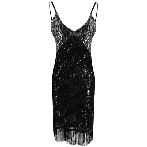 Superbe Étape Costume De Danse Gradins Gland V-cou Fringe Robe 1920 s Great Gatsby Robe Aileron Parti Sequin Cami Robe ► Photo 1/6