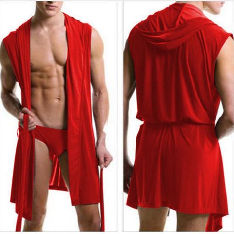 Meilleur prix hommes sexy pyjamas vêtements de nuit en soie pijama hombre peignoir à capuche hommes bain 5 couleurs ensemble robe d'été robe de bain avec slips ► Photo 1/6