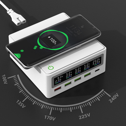 Chargeur USB iLEPO 5 ports Type C PD 65W QC3.0 adaptateur secteur chargeur sans fil Qi chargeur rapide LCD pour tablette iPhone Samsung Xiaomi ► Photo 1/6