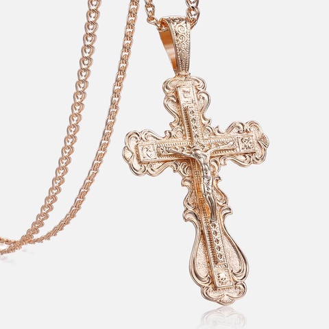 Crucifix croix pendentif collier pour femmes hommes 585 Rose or escargot lien chaîne croix collier mode gros bijoux KGP172 ► Photo 1/6