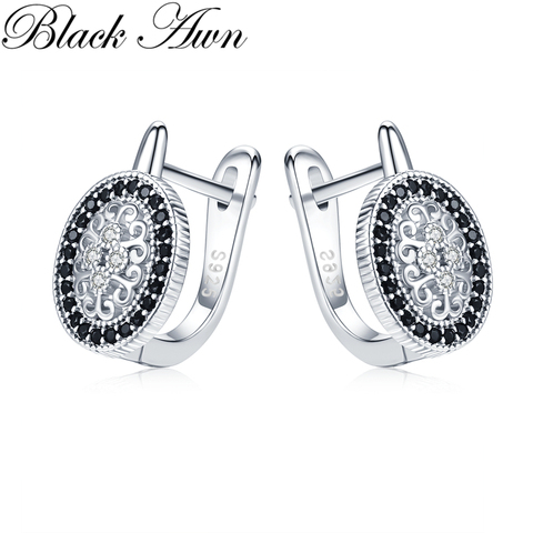 Noir Awn classique 925 en argent Sterling rond noir à la mode spinelle fiançailles boucles d'oreilles pour femmes Bijoux fins Bijoux I149 ► Photo 1/6