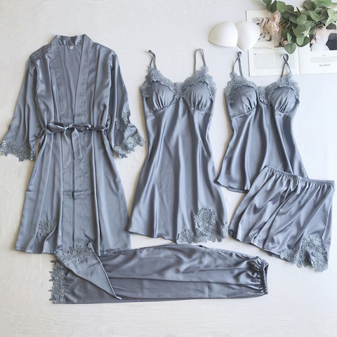 Gris 5 pièces chemise de nuit ensemble femmes dentelle vêtements de nuit col en v pyjamas costume Homewear printemps vêtements de nuit Robe vêtements de nuit Pijama déshabillé ► Photo 1/6