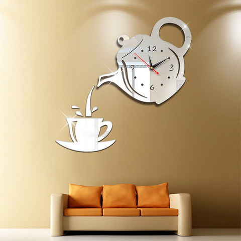 Horloge murale en forme de théière 3D, horloge miroir acrylique moderne, décoration de maison, autocollant mural creux, horloge numérique ► Photo 1/6