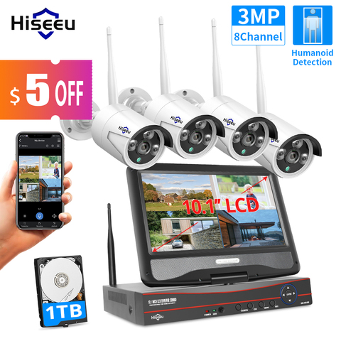 Hiseeu 8CH 3MP 1536P Kit de caméras de sécurité sans fil extérieur étanche 1080P 2MP IP caméra système de vidéosurveillance ensemble avec 10.1 
