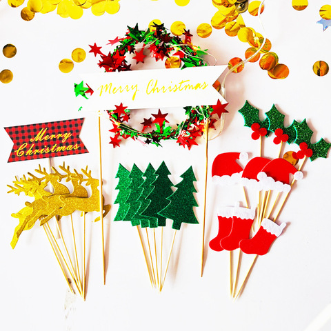 Garniture de Cupcake pour arbre de noël | Décoration de fête d'anniversaire pour petite fille, chapeau d'étoile de cerf, accessoires de gâteau de noël fournitures ► Photo 1/6