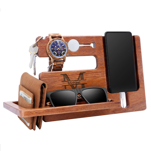 Support pour téléphone en bois Sapele personnalisé OEM gravé votre nom LOGO Station d'accueil en bois hommes portefeuille montre lunettes de soleil organisateur ► Photo 1/6