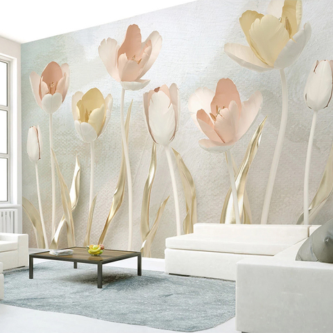 Autocollant Mural personnalisé stéréoscopique 3D fleur de tulipe, papier peint Photo, sparadrap Mural pour salon chambre à coucher, arrière-plan de la télévision ► Photo 1/6