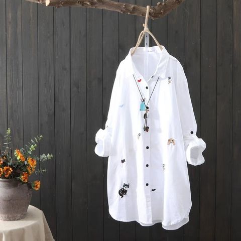 Chemise blanche femmes grande taille vêtements 4XL 5XL à manches longues 100% coton Blouse broderie dames hauts décontracté bouton Up chemises ► Photo 1/5