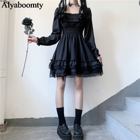 Mini robe en dentelle noire Style Lolita japonaise pour femmes, tenue de soirée gothique à manches bouffantes, à manches bouffantes, à col oblique, taille haute ► Photo 1/6