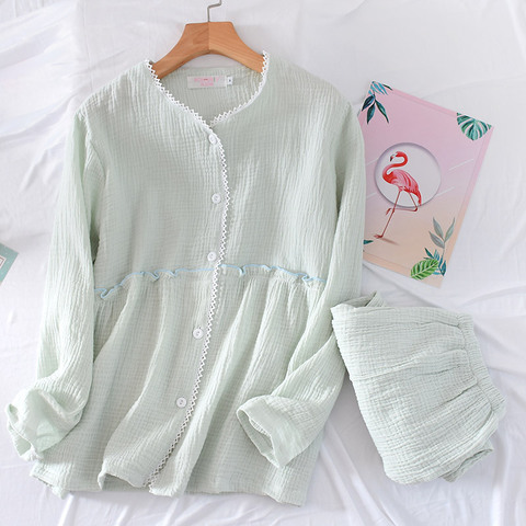 Ensemble pyjama en crêpe de coton pour femmes, pantalon à manches longues, costume de service à domicile, style japonais, nouvelle collection printemps et automne ► Photo 1/6