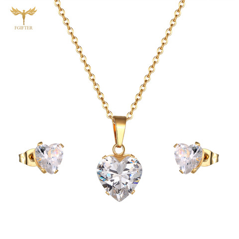 Collier et boucles d'oreilles en acier inoxydable pour femmes, ensemble de bijoux géométriques élégants avec pendentif en forme de cœur en cristal ► Photo 1/6