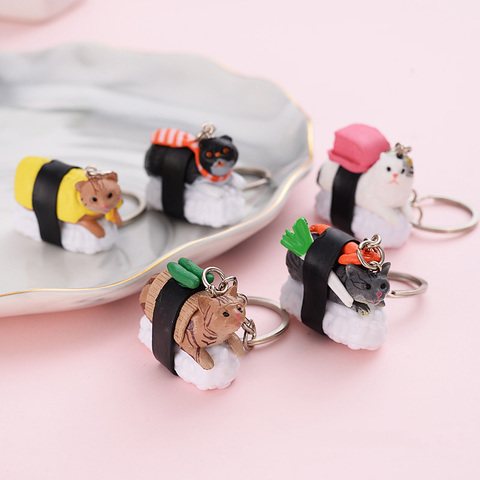 Porte-clés en PVC pour hommes, motif de chat et Sushi, nourriture japonaise mignon, de voiture, porte-clés en métal, bijoux suspendus ► Photo 1/6