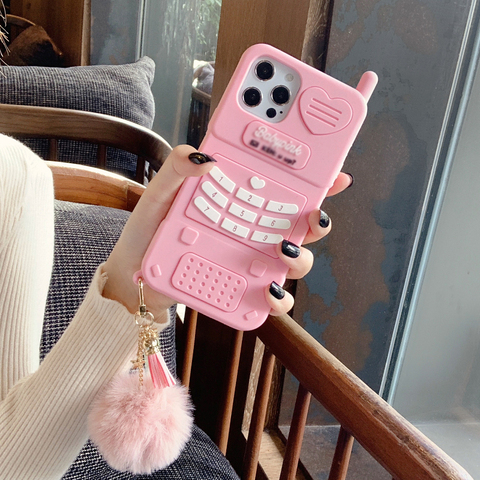 3D étui en silicone pour iphone 12 Pro Max 11 Pro Max 12MiNi 7 8 Plus X XS Max XR SE 2022 couverture mignonne Cheveux boule porte-clés pompon ► Photo 1/6