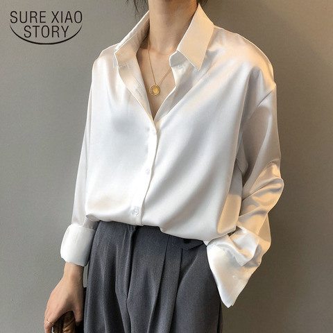 Automne mode bouton Up Satin soie chemise Vintage Blouse femmes blanc dame manches longues femme ample rue chemises 11355 ► Photo 1/6