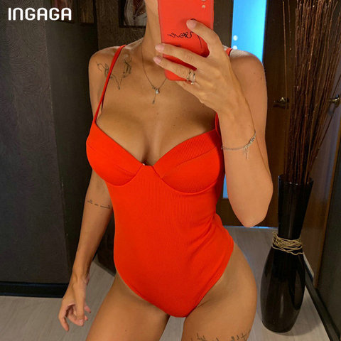 INGAGA Sexy Push Up maillots de bain femmes maillots de bain une pièce rouge sangle body taille haute maillots de bain côtelé maillot de bain 2022 nouveau ► Photo 1/6