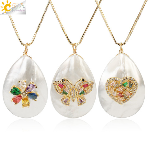 CSJA – pendentif en coquillage Abalone blanc en Zircon pour femmes, collier de perles, couleur or, ailes, cœur, bijoux élégants, G239 ► Photo 1/6