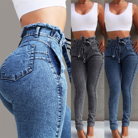 Jean taille haute pour femmes Jean en Denim Stretch mince moulante gland ceinture bande maigre Push Up Jean femme ► Photo 1/6