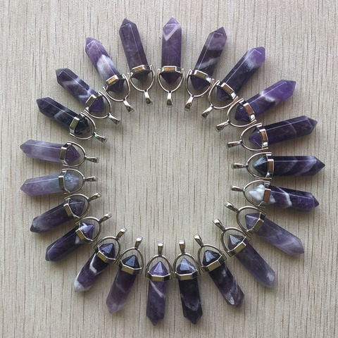 24 pièces/lot en gros mode naturel rayure améthystes breloques hexagonale guérison Reiki Point pendentifs pour la fabrication de bijoux gratuit ► Photo 1/3