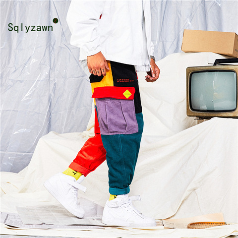 Velours côtelé couleur bloc Patchwork Streetwear Cargo pantalon hommes et femmes automne Harajuku Plaid lâche Harem survêtement pantalon de survêtement ► Photo 1/6