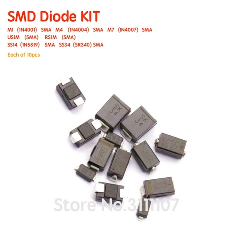 Paquet de diodes SMD/M1 (1N4001) / M4 (1N4004) / M7 (1N4007)/ SS14 US1M RS1M SS34 Kit de diodes 7 sortes * 10 pièces = 70 pièces ► Photo 1/1