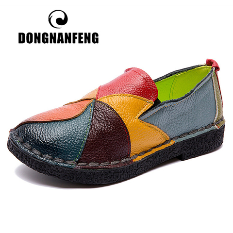 DONGNANFENG femme dames femmes mère en cuir véritable chaussures plates mocassins design sans lacet coloré grande taille 41 42 TB-2098 ► Photo 1/6