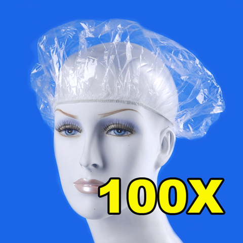 100 pcs/lot bonnets de douche chapeau jetable clair Spa Salon de coiffure hôtel unique bain élastique bonnet de douche produits de salle de bain bonnets de bain ► Photo 1/6