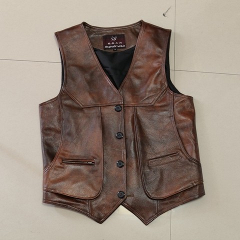 Gilet de motard en cuir de vache véritable marron pour homme, coupe cintrée, taille L-8XL ► Photo 1/6