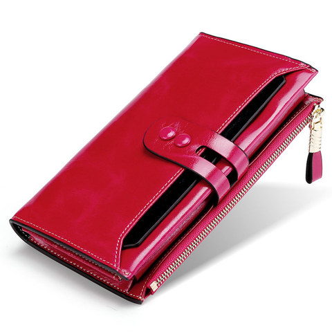 Mode rouge noir en cuir véritable femmes portefeuille femme téléphone portable poche longue femmes sacs à main moraillon GlossyLady porte-monnaie porte-carte ► Photo 1/6