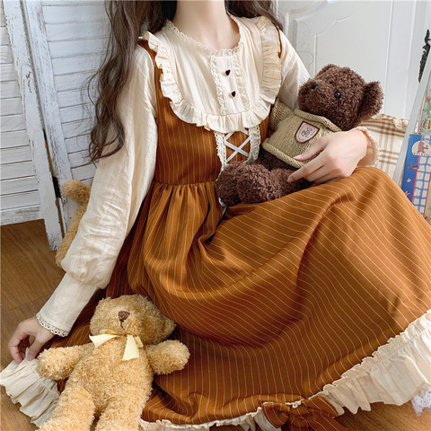 Robe Lolita japonaise pour filles, tenue Cosplay Loli douce et douce, nœud, manches longues, à volants mignons, rayures brunes, nouvelle collection automne ► Photo 1/6