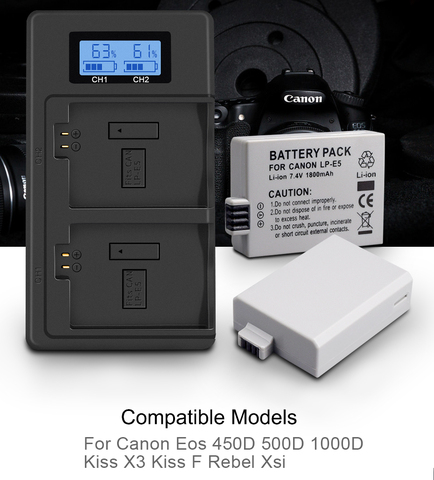 PALO LP-E5 LPE5 LP E5 Batterie Batterie Appareil Photo Pour Canon EOS Rebel XS Rebelles T1i,Rebel XSi,1000D,500D,450D, Baiser X3,X2, F + chargeur ► Photo 1/6