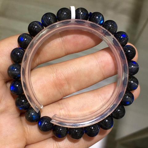 Bracelet œil de chat en Labradorite noire naturelle, perles rondes en cristal bleu clair pour femmes et hommes, pierre de lune grise 8mm 9mm 10mm AAAAAA ► Photo 1/5