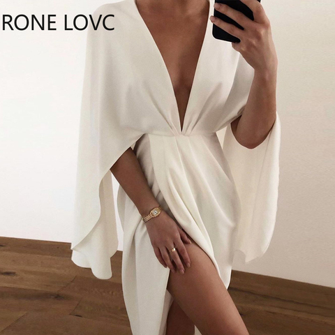 Robe de soirée Sexy et élégante pour femmes, tenue de soirée à manches Cape fendue, détail froncé plongeant, mode Chic ► Photo 1/3