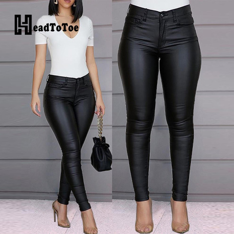 Pantalon crayon moulant pour femmes, avec des boutons solides, enduit, collection décontracté, collection pantalons en cuir synthétique polyuréthane ► Photo 1/6