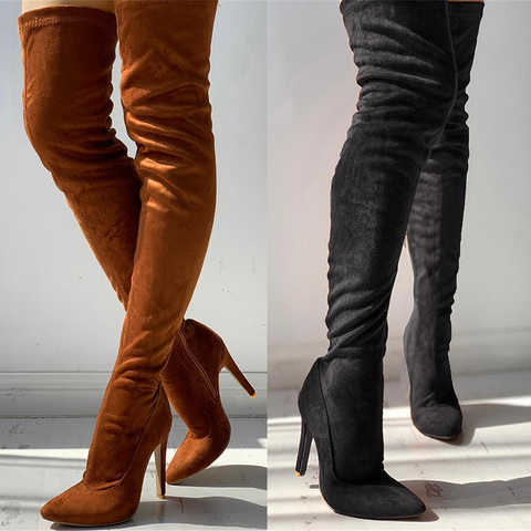 Bottes à talons hauts et fins pour femme, bottes de marque, grandes tailles 32 à 48, au-dessus du genou, chaussures de fête, rouges et noires, 2022 ► Photo 1/6