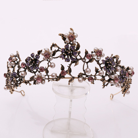 Diadème Baroque Vintage en cristal, noir violet, perles de mariée, couronne, strass, spectacle, voile, accessoires pour cheveux de mariage ► Photo 1/6