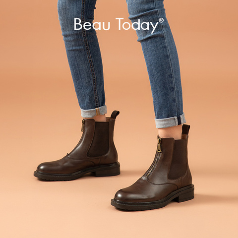 BeauToday bottines Chelsea femmes en cuir de vache avant fermeture à glissière bout rond élastique bande dame chaussures plates à la main 03703 ► Photo 1/6